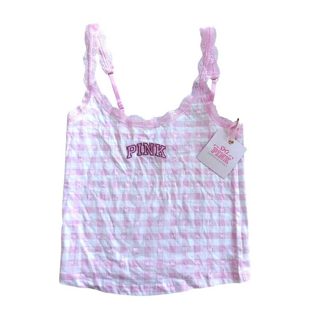 PINK x LoveShackFancy Tank Top Womens S Pink Gingham Lace Cami NWT Coquette LSF